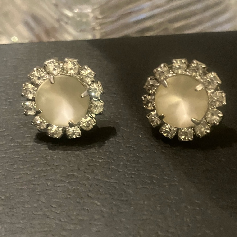 Vintage Moonstone & Glass Rhinestone French screw back earrings